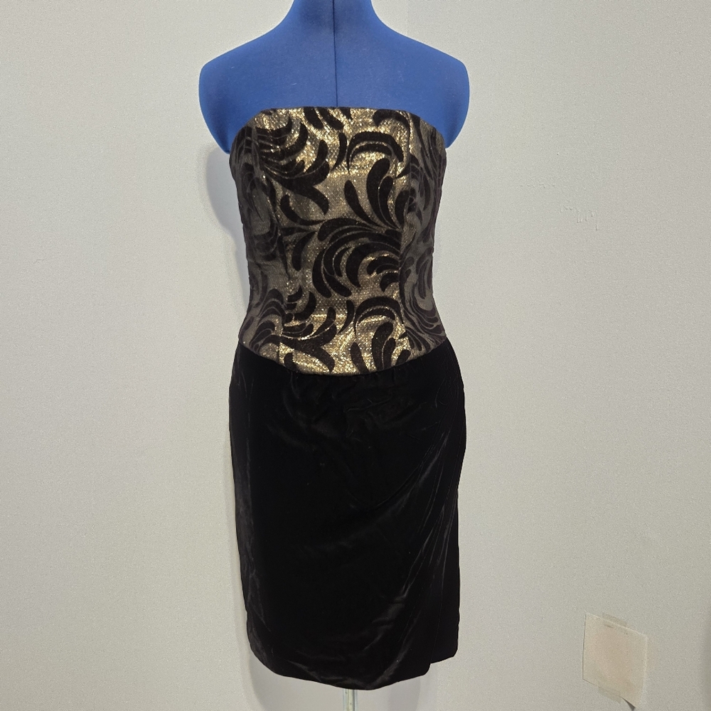 Vintage Black Velvet & Gold Lame Strapless Mini Dress Size 6